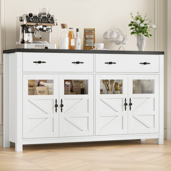 Homfa Farmhouse Kitchen Buffet Cabinet With Adjustable Shelves 2 Drawer Sideboard Wood Storage Cabinet White Black