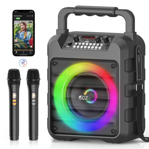 Karaoke Machine With 2 Wireless Microphones Portable 30W Home Speaker System For Adults With Disco Lights And Strap