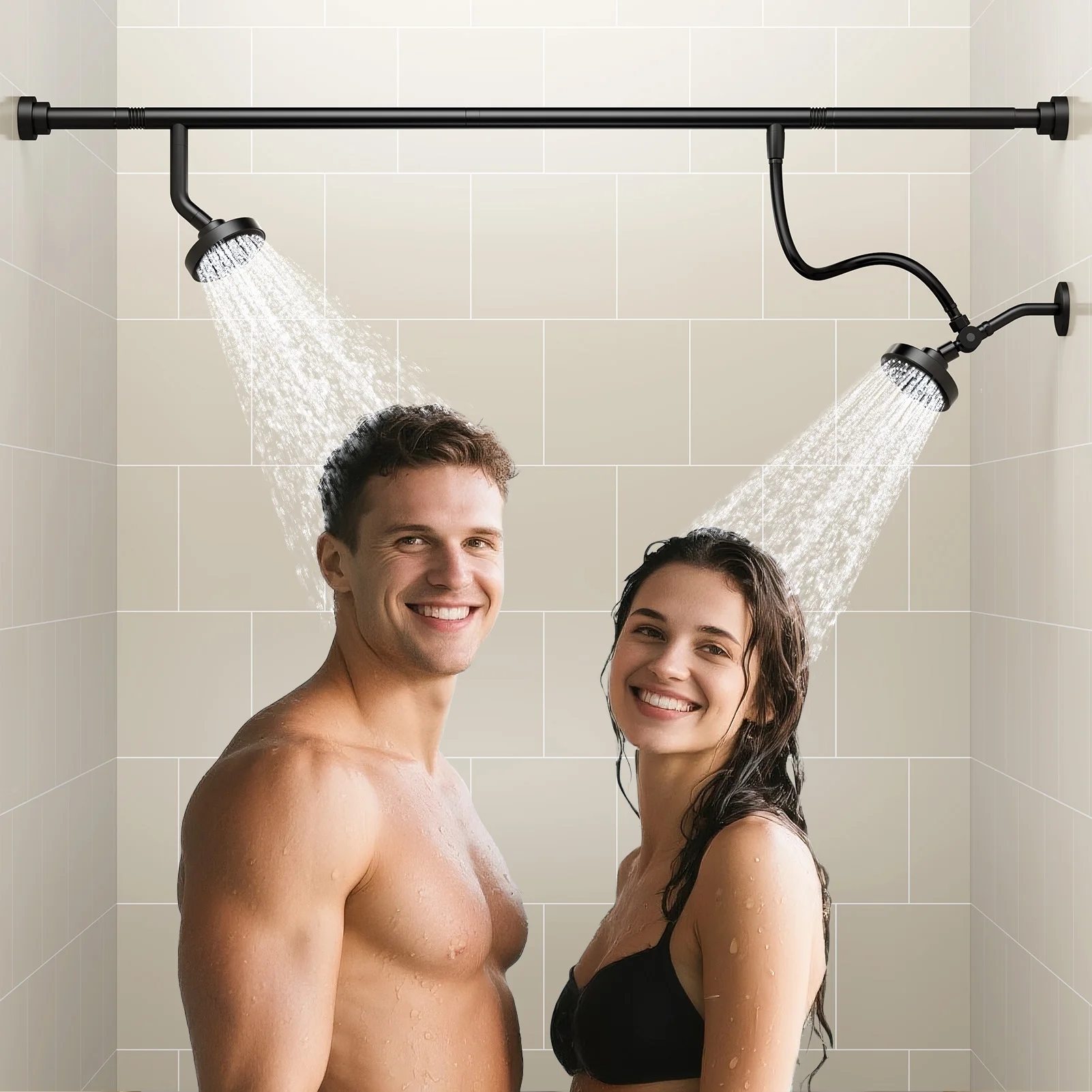 Tandem Shower Head For Couples, Dual Shower Head, High Pressure Double Shower Heads for Two People Rod, Two Showerhead System
