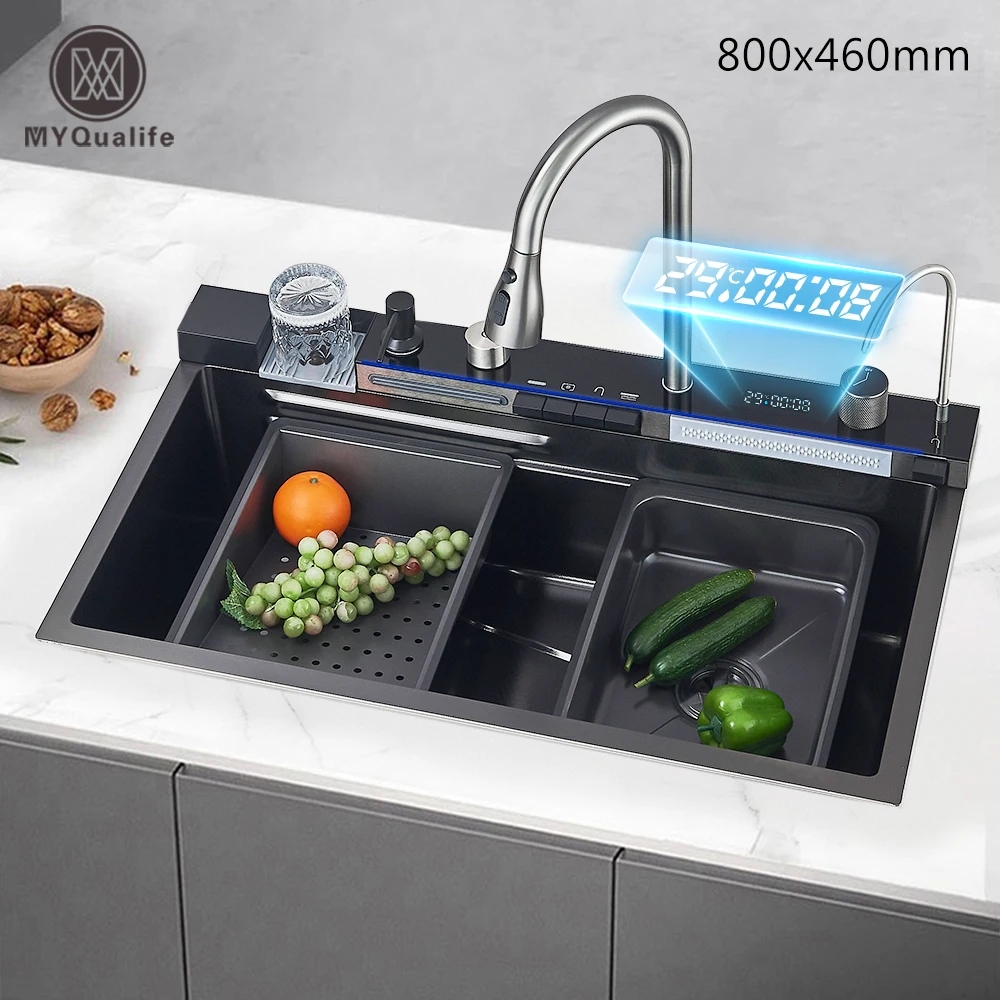 80X46cm Smart Digital Display Integrated Kitchen Sink Set Temperature Control Waterfall Water Purifier Soap Dispenser Cup Washer