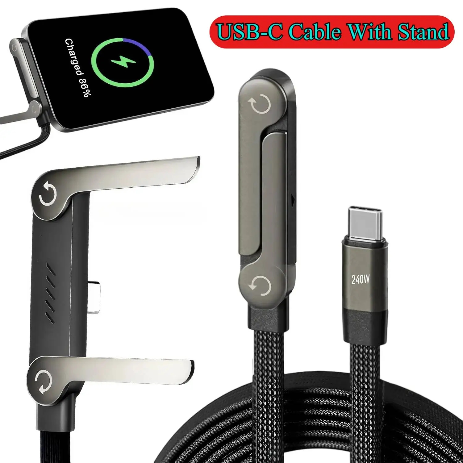 USB Type C Flat Charger Charging Cable C Kick Cable Stand With Invisible Support Foldable Phone Holder 240W Charge Wire Bracket