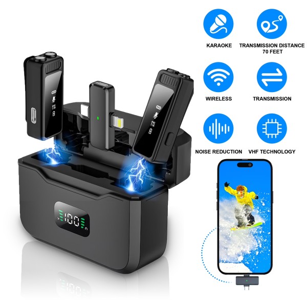 TIKBBRMG 2 Pcs Wireless Lavalier Microphone IPhone IPad Android Charging Case 7H Clip Lapel Microphone Wireless Video Recording Vlogging YouTube Inte