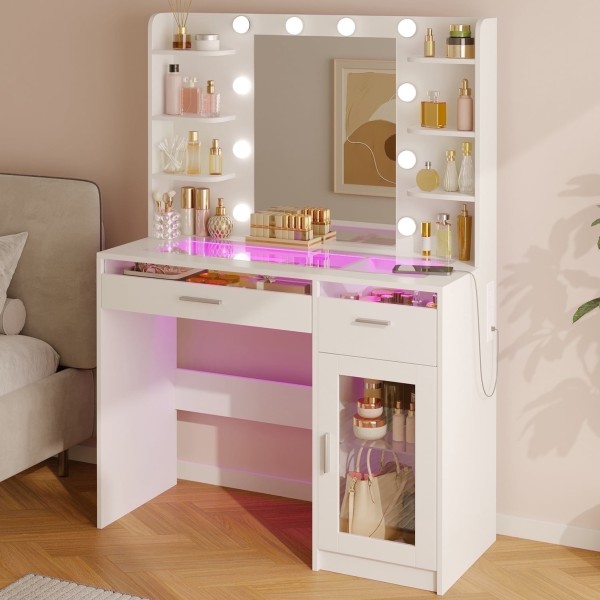 Tomnk Woo Vanity Desk With Mirror Lights 3 Colors RGB Drawers 6 Shelves Power Outlet White