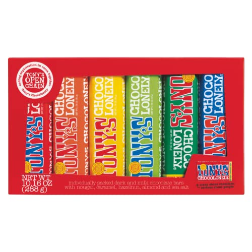 Tony's Chocolonely Chocolate Bar Pack - Milk & Dark Chocolate Bars, Individually Packed, w/ Nougat, Caramel, Hazelnut, Almond & Sea Salt, Chocolate Candy Bars, Chocolate Candy Variety Pack - 6 Bars