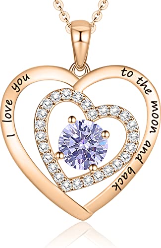 Christmas Gifts for Women Girls, 925 Sterling Silver Rose Gold Double Heart Pendant Necklaces with June Cubic Zirconia Birthstone Jewelry Birthday Gifts for Mom Grandma Daughter