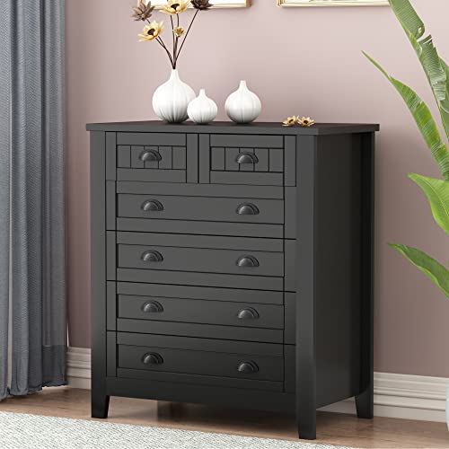 CLIKUUTORY Black Modern 2+4 Drawer Dresser Side Table Large Storage Cabinet with Solid Wood Legs, Mid Century Closet Organizers and Storage Dresser Tall Chest of Drawer for Hallway Bedroom Living Room