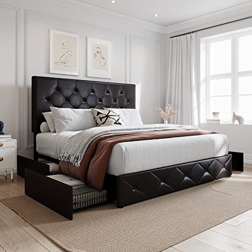 SHA CERLIN Upholstered Queen Platform Storage Bed Frame with 4 Drawers, Adjustable Headboard with Faux Leather Diamond Button Tufted, Wooden Slat Support, No Box Spring Needed, Black Brown