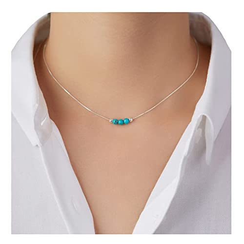 Dainty Real Turquoise Crystal 925 Sterling Silver Choker Collar Necklace and Women Spiritual Healing Chakra Crystal Stone December Birthstone Necklace Box Chain Jewelry Gift for Women Teen Girls