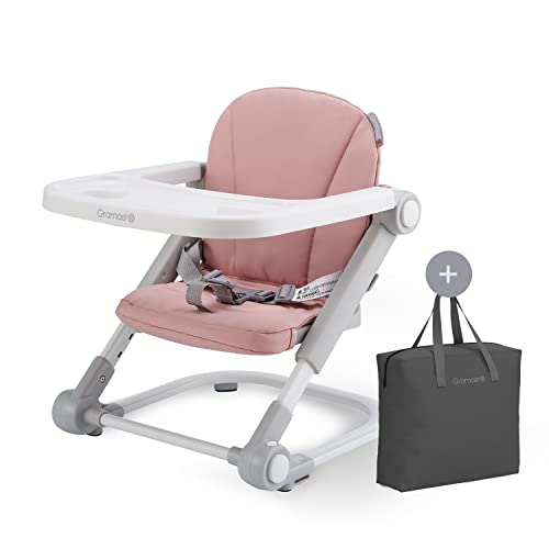 Toddler Booster Seat for Dining Table, Portable High Chair Travel Booster Seat with Aluminum Alloy Frame, Soft Knitted Cushion and Adjustable Height&Tray, Easy to Clean(Pink)