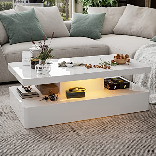 IKIFLY LED High Glossy Coffee Table, Modern Coffee Table for Living Room with 16 Colors LED Lights, 2 Tiers Rectangle Design, White