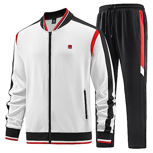 W JIANWANG Mens Track Suits 2 Piece Tracksuits Sweatsuits Set Jogging Suit Fashion Casual Workout Running Sports Jacket and Pants Outfits White JW-140-L