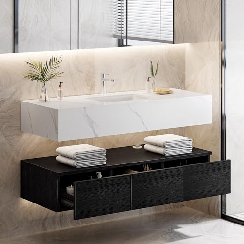 DWVO 48 Inch Floating Vanity Bathroom Wall Mounted Bathroom Storage Cabinet Single Integrated Set with Sintered Stone Countertop, Ceramic Basin Sink and 3 Drawers for Bathroom, Black