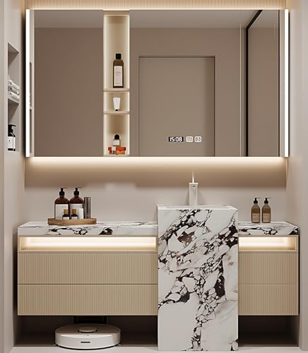 ZGNBSD Bathroom Vanity with Sink - Bathroom Vanity with Smart LED Defog Mirror Cabinet ＆ 4 Drawers, Solid Wood Vanity Bathroom Equipped Marble Slate Sink (80'')