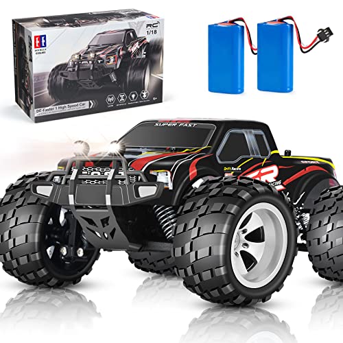 DOUBLE E RC Cars 4WD High Speed 20 Km/h, 2.4Ghz 1:18 Scale All Terrains Off Road Monster Truck with LED Headlight and Rechargeable Batteries for Kids Boys and Adults-Red