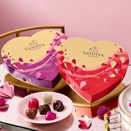 Godiva Valentine's Day heart box filled with assorted milk, white & dark chocolates