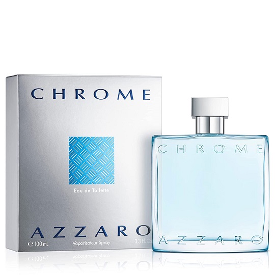 Azzaro Chrome Eau de Toilette bottle in a sleek, silver design.