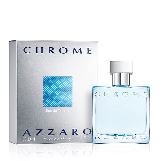 Azzaro Chrome Eau de Toilette bottle in a sleek, silver design.