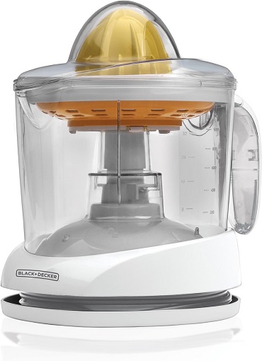 BLACK+DECKER CJ625 Citrus Juicer in white, squeezing an orange half.