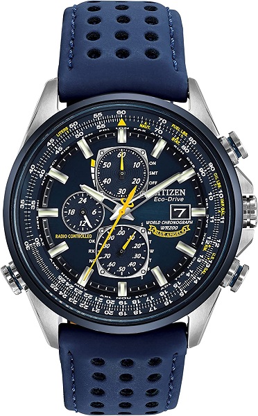 Citizen Eco-Drive World Chronograph A-T Mens Watch, Stainless Steel with Polyurethane strap, Technology, Blue (Model: AT8020-03L)