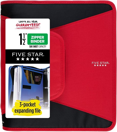 Five Star Zipper Binder, 1-1/2 Inch 3-Ring Binder with 3-Pocket Expanding File, 500 Sheet Capacity, Red (72206)