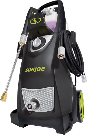 Sun Joe SPX3000 Electric Pressure Washer with dual soap tanks and high-pressure water flow.