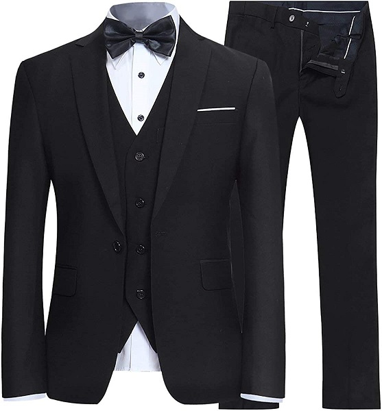 YFFUSHI Men's Slim Fit 3 Piece Suit One Button Blazer Tux Vest & Trousers, Black, Medium