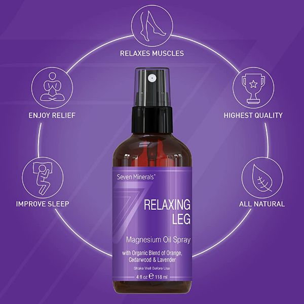 Seven Minerals Relaxing Leg Magnesium Spray, Powerful Organic Blend of Essential Oils (Orange, Cedarwood, & Laavender), That Calms Legs Naturally. 4 fl oz