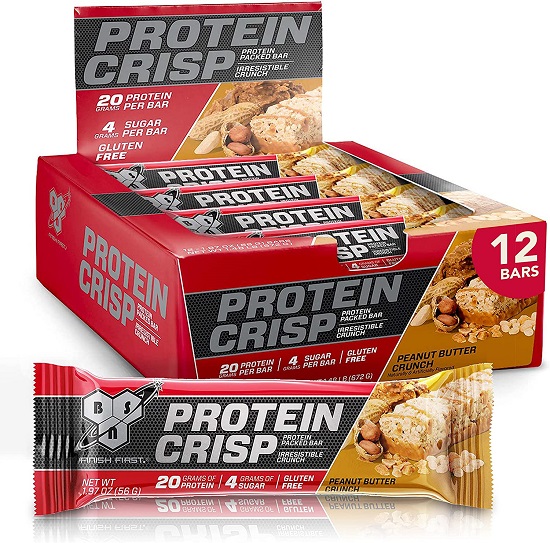 BSN Protein Bars - Protein Crisp Bar by Syntha-6, Whey Protein, 20g of Protein, Gluten Free, Low Sugar, Peanut Butter Crunch, 12 Count