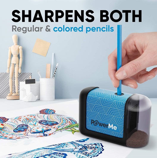 Compact and portable battery-operated electric pencil sharpener.