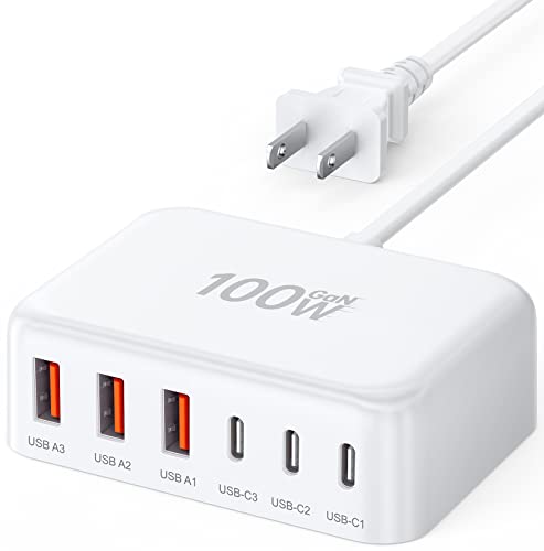 USB C Fast Charger, 100W GaN 6 Port Type USB C Charging Station Hub Block, USB C Wall Charger Power Strip Adapter Plug 3 USB C 3 USB A for iPad iPhone 14 13 12 11 Pro Max Pixel Note Galaxy, 5ft Cord