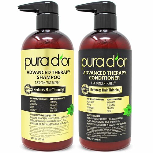 PURA D'OR Shampoo and Conditioner bottles side-by-side on a shelf, with healthy, thick hair in the background.