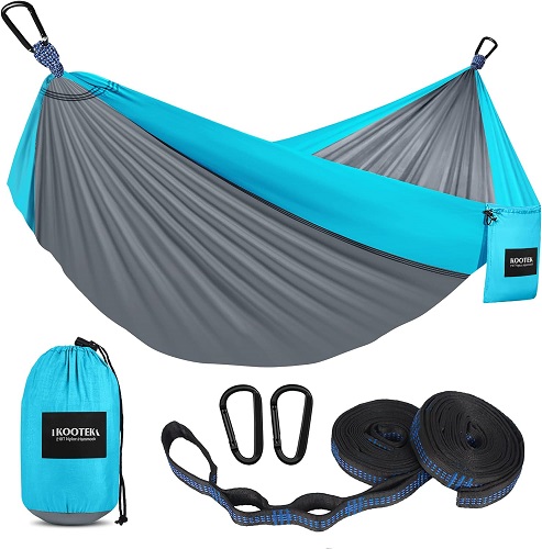Camping Hammock Double & Single Portable Hammocks with 2 Tree Straps, Lightweight Nylon Parachute Hammocks for Backpacking, Travel, Beach, Backyard, Patio, Hiking From Kootek in - Grey & Sky Blue, Large