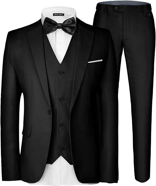 MAGE MALE Men's 3 Pieces Suit Elegant Solid One Button Slim Fit Single Breasted Party Blazer Vest Pants Set. Black