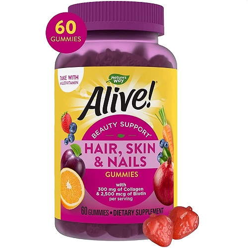 Nature’s Way Alive! Hair, Skin & Nails Gummies, Collagen & Biotin, Antioxidant Vitamins C & E, Strawberry Flavored, 60 Gummies