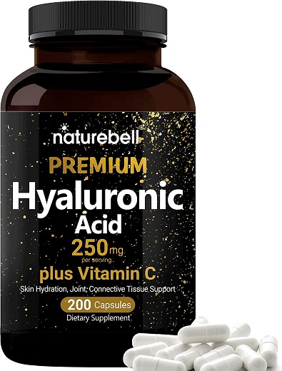 NatureBell Plant Based Hyaluronic Acid Supplements, 250mg Hyaluronic Acid with 25mg Vitamin C Per Serving, 200 Capsules, 2 in 1 Formula, Supports Skin Hydration, Joints Lubrication and Antioxidant