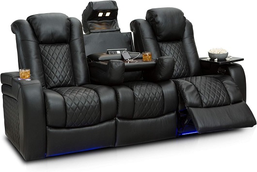 Seatcraft Anthem Home Theater Seating - Living Room - Top Grain Leather - Power Recline Sofa - Fold-Down Table - Powered Headrests - Arm Storage - AC/USB and Wireless Charging - Black
