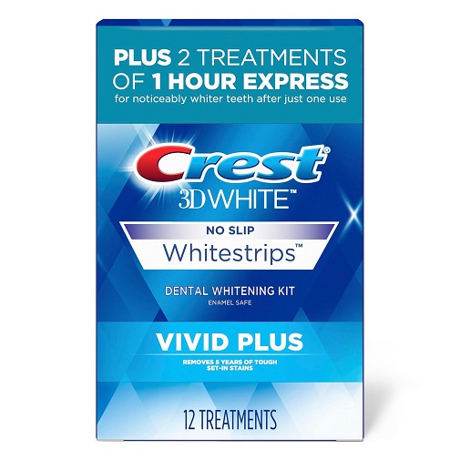 Crest 3D Whitestrips Vivid Plus - Box of Crest 3D Whitestrips Vivid Plus teeth whitening strips.