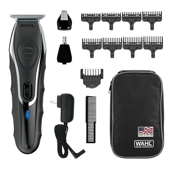 Wahl Aqua Blade rechargeable wet and dry beard trimmer with multiple interchangeable grooming heads.