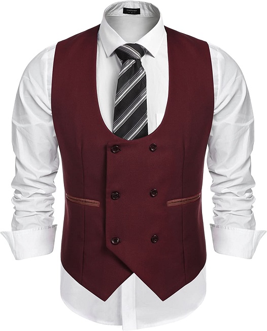 COOFANDY Men's Slim Fit Dress Suits Double Breasted Solid Vest Waistcoat,Red,Small