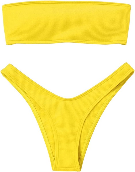 ZAFUL Women Strapless Ribbed High Cut Bandeau Bikini Set(Yellow M)