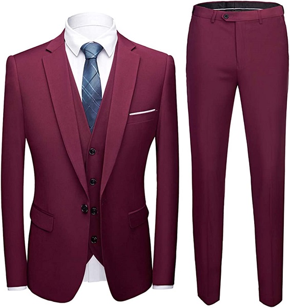 MYS Men's Blazer Vest Pants Set, Solid Party Wedding Dress, One Button Jacket Waistcoat and Trousers, 3 Piece Slim Fit Suit with Tie Burgundy