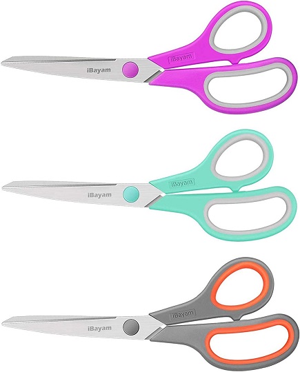 Scissors, iBayam 8" Multipurpose Scissors Bulk Ultra Sharp Shears, Comfort-Grip Sturdy Scissors for Office Home School Sewing Fabric Craft Supplies, Right/Left Handed, 3-Pack, Mint, Grey, Purple