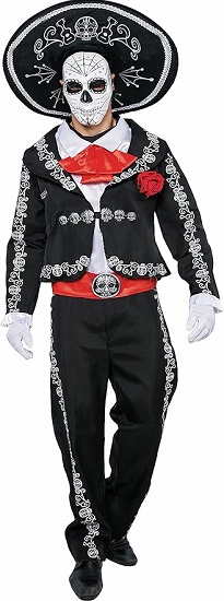 Men's Day of the Dead Mariachi Costume with Skull Print Jacket, Pants, Hat