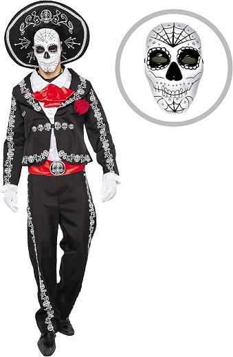 Men's Day of the Dead Mariachi Costume with Skull Print Jacket, Pants, Hat