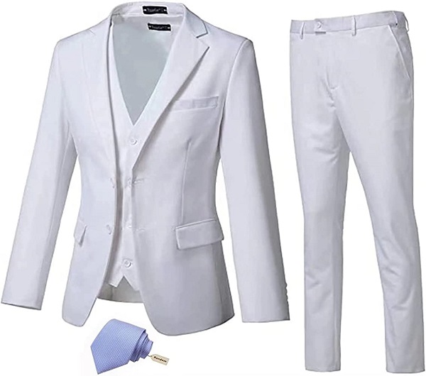 High-End Suits 3 Pieces Men Suit Set Slim Fit Groomsmen/Prom Suit for Men Two Buttons Business Casual Suit, White, Chest40''/Waist34'', Medium