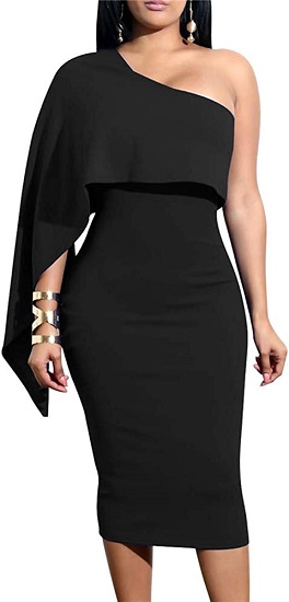 GOBLES Women's Summer Sexy One Shoulder Ruffle Bodycon Midi Cocktail Dress Black