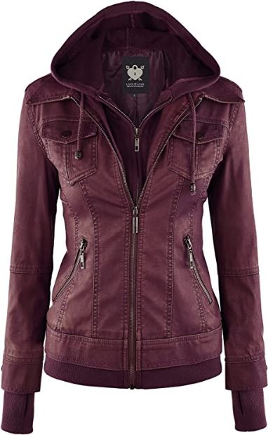LL WJC664 Womens Faux Leather Jacket with Hoodie XL WINE
