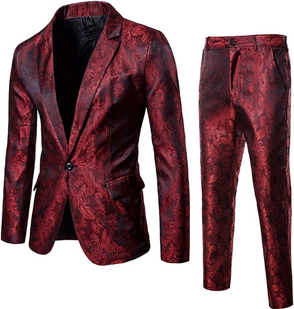 Mens 2 Piece Paisley Dress Suit One Button Party Wedding Blazer Pants Sets Burgundy