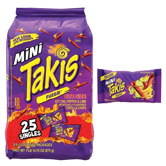 Takis Mini Fuego Rolled Tortilla Chips, Hot Chili Pepper and Lime Artificially Flavored, 25 Individual Snack Packs, 1.23 Ounces Each, Net Weight of 30.75 Ounces