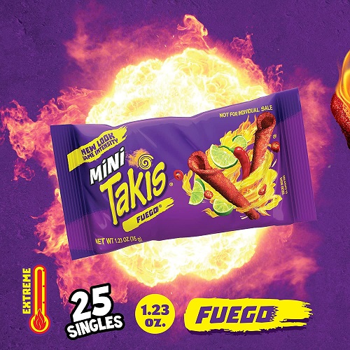 Takis Mini Fuego Rolled Tortilla Chips, Hot Chili Pepper and Lime Artificially Flavored, 25 Individual Snack Packs, 1.23 Ounces Each, Net Weight of 30.75 Ounces